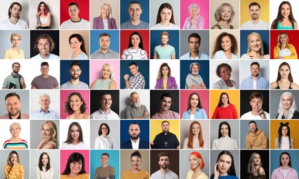 Collage with photos of happy attractive people on different color backgrounds