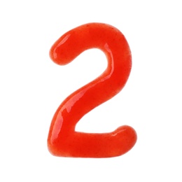 Photo of Number 2 written with red sauce on white background