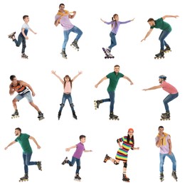 Image of Photos of people with roller skates on white background, collage design