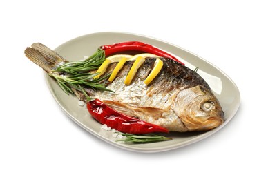 Tasty homemade roasted crucian carp with rosemary on white background. River fish