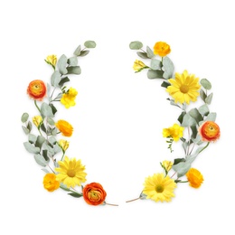 Wreath made of beautiful flowers on white background