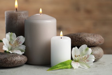 Beautiful composition with burning candles, spa stones and flowers on light grey table, closeup