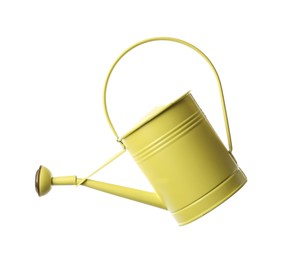 Photo of Yellow metal watering can isolated on white