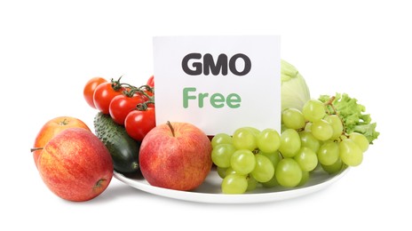 Fresh fruits, vegetables and card with text GMO Free on white background
