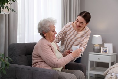 Young caregiver giving tea to senior woman in room. Home care service