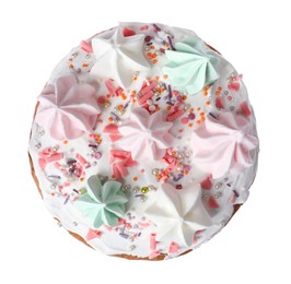 Photo of Traditional Easter cake with sprinkles and meringues isolated on white, top view