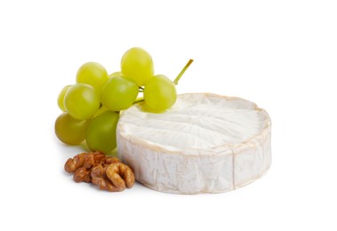Brie cheese served with grape and walnuts isolated on white