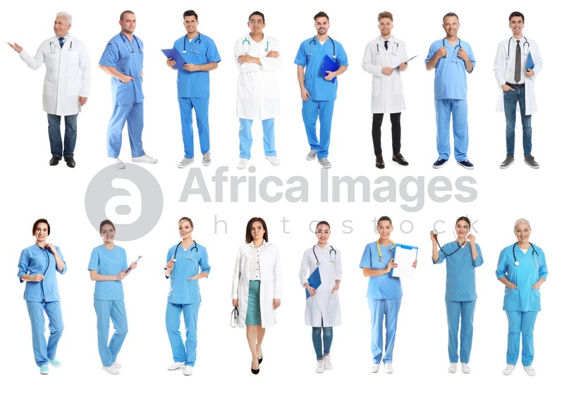 Collage with photos of doctors on white background