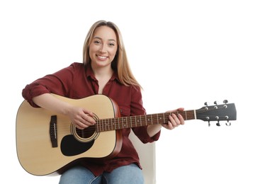 Woman with guitar on white background. Music teacher