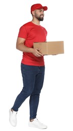 Happy young courier with cardboard box on white background