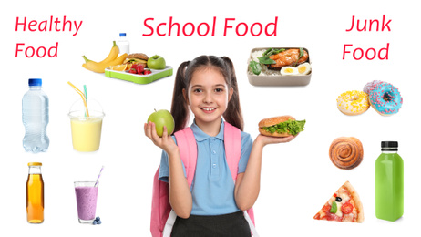 Schoolgirl and different products as variants for lunch. Healthy and junk food