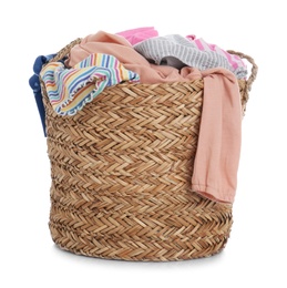 Wicker laundry basket with clothes isolated on white