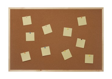 Empty notes pinned to cork board on white background