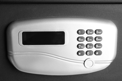 Black steel safe with electronic lock, closeup
