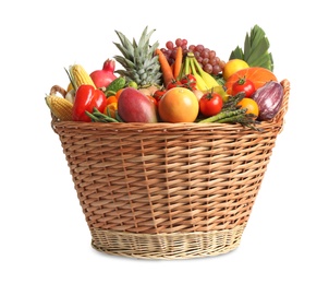 Photo of Basket with assortment of fresh organic fruits and vegetables on white background