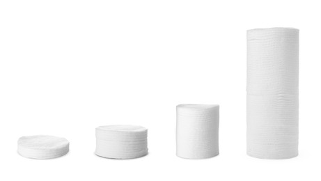 Set with stacks of soft clean cotton pads on white background. Banner design