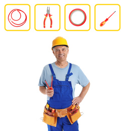 Mature electrician and tools and white background