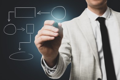 Man pointing at flowchart on virtual screen against dark background, closeup. Business process