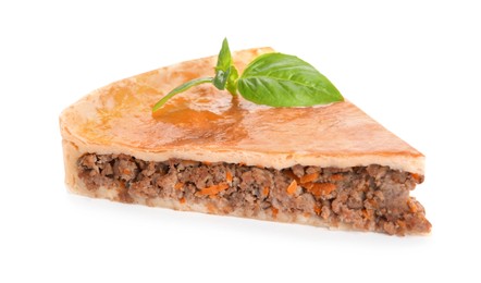 Piece of delicious pie with minced meat isolated on white