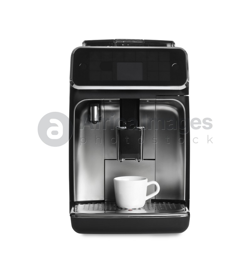 Modern electric coffee machine with cup isolated on white