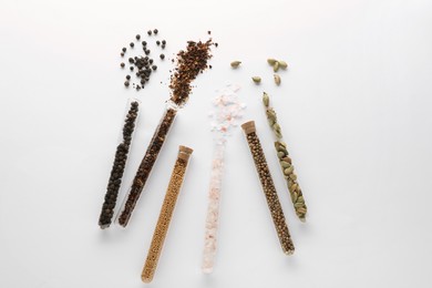 Glass tubes with different spices on white background, flat lay