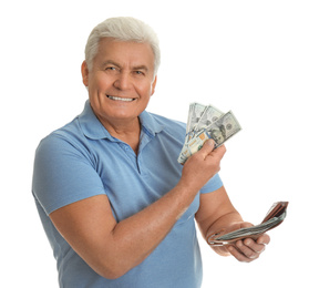 Photo of Happy senior man with cash money and wallet on white background