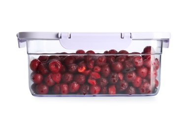 Photo of Box with ripe cherries on white background
