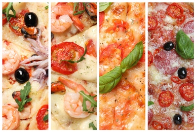 Collage with different pizzas, closeup view 