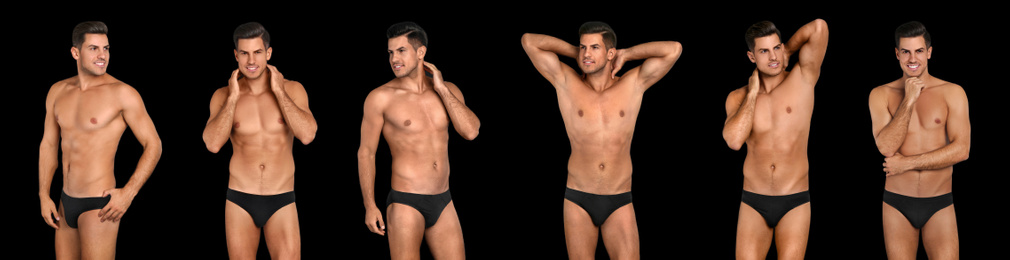 Collage of man in underwear on black background. Banner design 