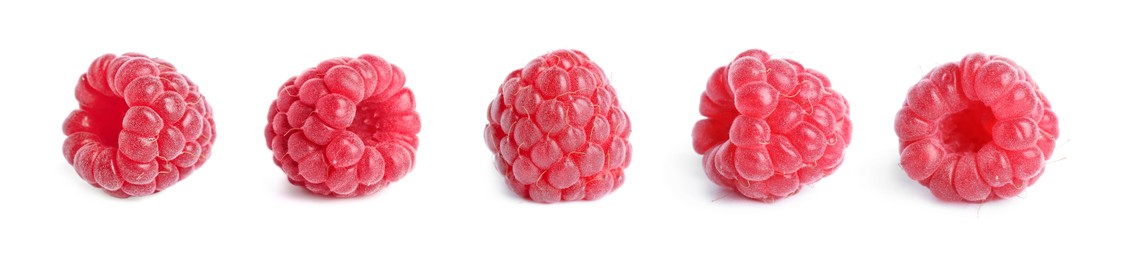 Set with delicious ripe raspberries on white background. Banner design