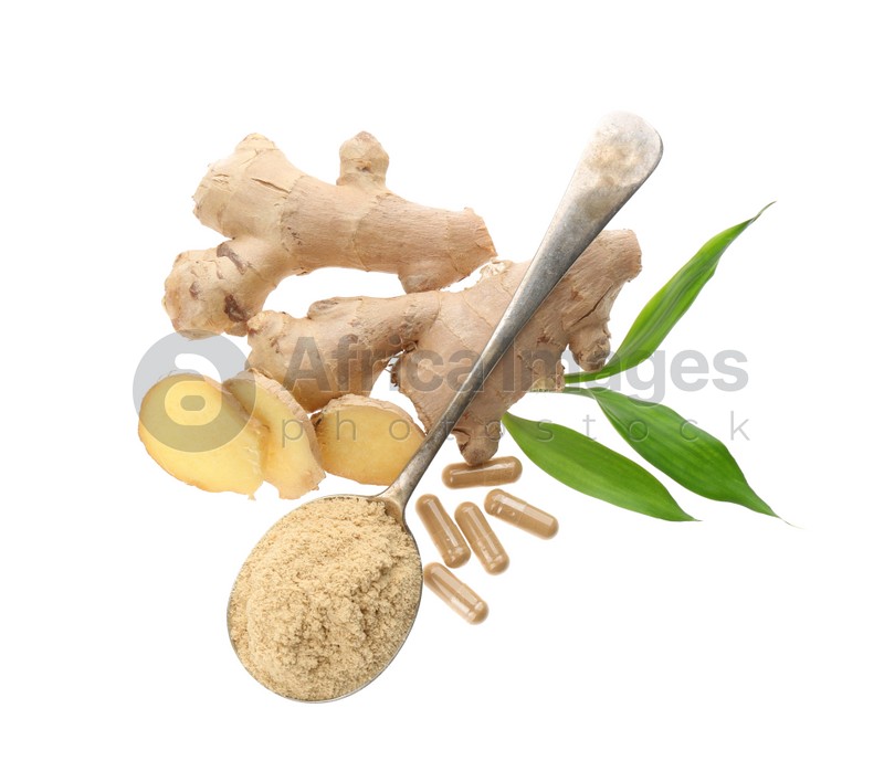 Dry, fresh and capsuled ginger isolated on white, top view