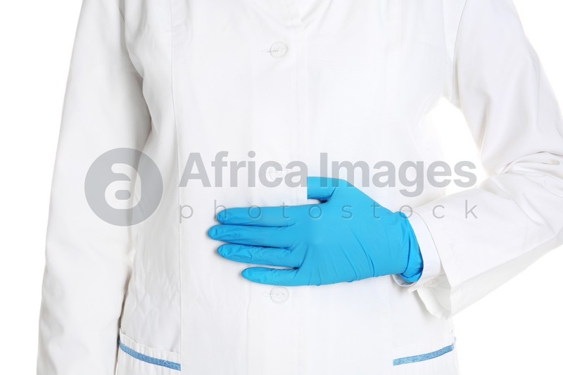 Doctor in uniform with medical glove on white background