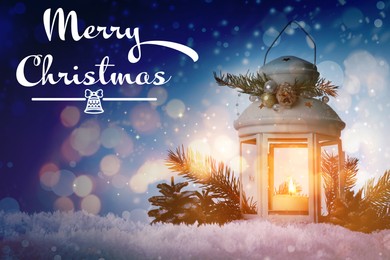 Image of Merry Christmas. Composition with lantern on snow, bokeh effect