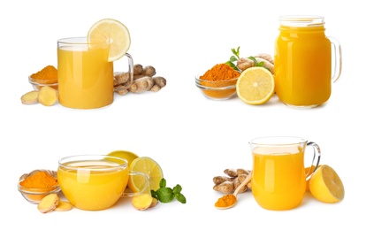 Image of Set of immunity boosting drink with lemon, ginger and turmeric on white background