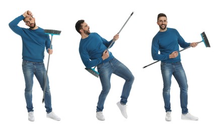 Collage with photos of handsome man with broom on white background. Banner design