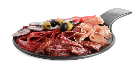 Slate plate with prosciutto and other delicacies isolated on white