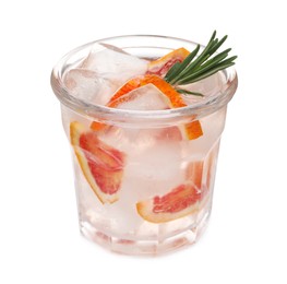 Delicious refreshing drink with sicilian orange, fresh rosemary and ice cubes in glass isolated on white