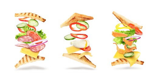 Delicious sandwiches with flying ingredients on white background, collage. Banner design