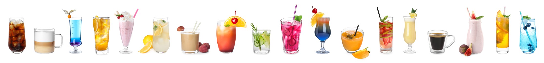 Image of Set with different refreshing summer beverages on white background