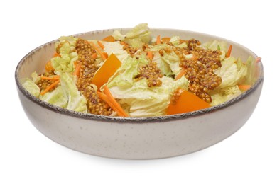 Delicious salad with Chinese cabbage and mustard seed dressing isolated on white