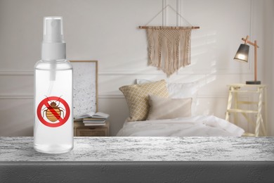 Anti bed bug spray on stone table in bedroom. Space for text