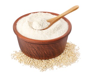 Photo of Quinoa flour in wooden bowl and seeds on white background