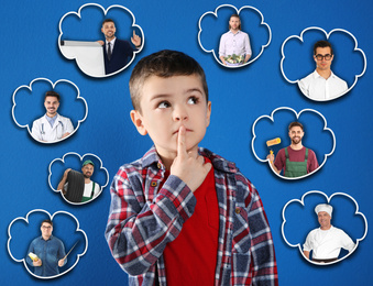 Image of Thoughtful little boy choosing future profession on blue background