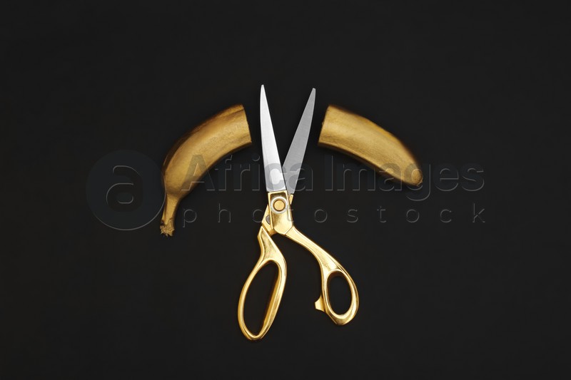 Gold painted cut banana and scissors on black background, flat lay