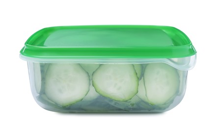 Fresh sliced cucumbers in plastic container isolated on white