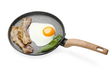 Tasty cooked chicken egg with bacon in frying pan isolated on white