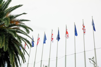 BATUMI, GEORGIA - MAY 31, 2022: Many flags of Georgia and European Union on poles outdoors, low angle view