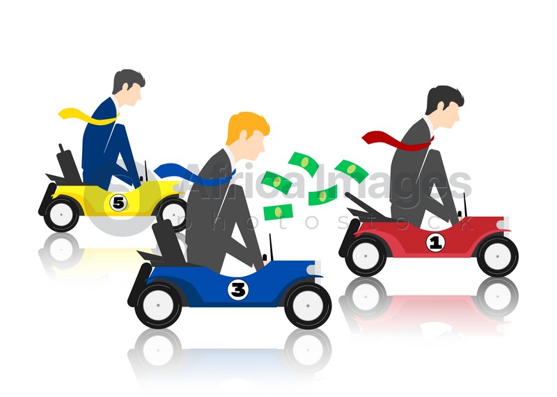 Competition concept. Businessmen in racing cars and one outpacing on white background. Illustration