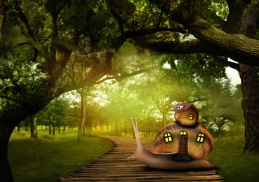 Fantasy world. Magic snail with its shell house moving in beautiful forest