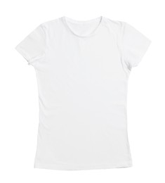 Photo of Stylish female T-shirt isolated on white, top view